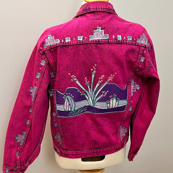 Vintage Sundance Denim Wear Jean Jacket Hand painted Southwestern Pink 80s 90s - Picture 10 of 12